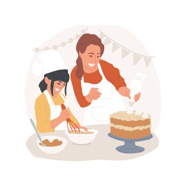 Cook, izole edilmiş çizgi film çizimi yapıyor. Aile yemeği pişirme, yemek hazırlama, çocuklu anne pasta süsleme, üstüne krema koyma, ev yapımı vektör çizgi filminde pişirme..