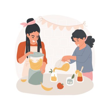 Parti kokteylleri izole edilmiş çizgi film çizimleri. Karıştırıcıda malzemeleri karıştırmak, evde aile hazırlamak, çocuğun kokteyl bardaklarına meyve suyu dökmesi, ev partisi çizgi filmi organize etmek..