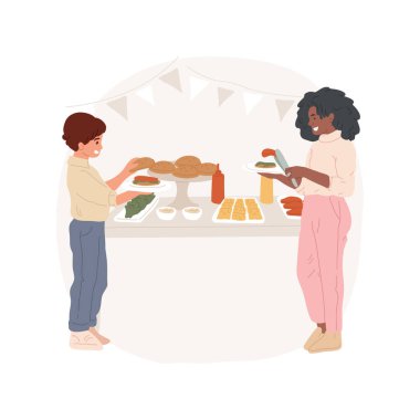Burger istasyonu karikatür vektör illüstrasyonunu izole etti. Hamburgerini kendin yap, parti yemek istasyonu, hamburgerini evde hazırla, malzemelerle dolu bir masa, misafir ağırla, yaşam tarzı çizgi filmi.