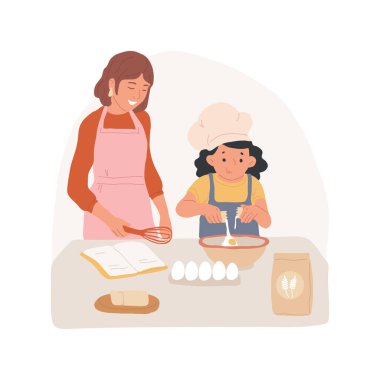 Yumurta kırmak karikatür vektör çizimi. Mutfakta yemek hazırlamak, çocuğun kasede yumurta kırması, çocuklara yemek yapmayı öğretmesi, ailenin birlikte pişirmesi, pasta vektör karikatürü yapması..