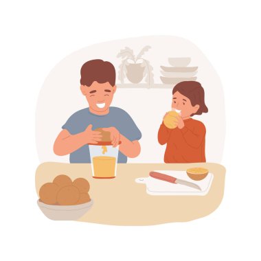 Taze meyve suyu izole edilmiş çizgi film vektör çizimi. Taze portakal suyu sıkan çocuk sıkmayı, meyve sıkmayı meyve sıkmayı, ev mutfağını, sağlıklı bir içecek vektör karikatürü hazırlamayı öğrenir..