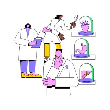 Seminer karikatür vektör çizimlerini izole etti. Seminerde öğretmenle birlikte gülümseyen bir grup tıp öğrencisi, üniversite vektör karikatüründeki modern eğitim sürecinde tartışıyorlar..