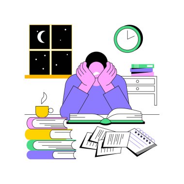 Gece geç saatlerde karikatür vektör çizimlerine çalış. Gece geç saatlerde çok çalışan yorgun çocuk, eğitim süreci, üniversite derslerine hazırlanma, vektör karikatürü etrafında kitap yığını.