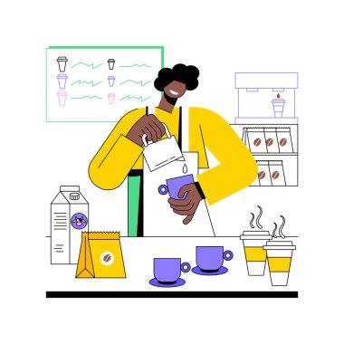 Mükemmel kapuçino izole edilmiş karikatür vektör çizimleri. Kafede cappuccino yapan genç barista, insanların yaşam tarzı, restoranda yemek yemek, barmenlik işi çizgi filmi.