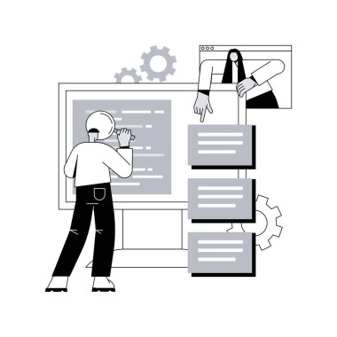 Yazılım gereksinimi açıklaması soyut konsept vektör illüstrasyonu. Yazılım sistemi açıklaması, çevik araç, iş analizi, proje geliştirme özellikleri, belge soyut metaforu.