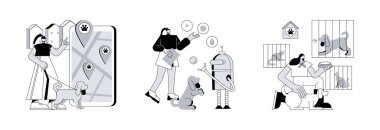 Hayvan bakımı soyut konsept vektör çizimi seti. Köpek dostu mekanlar, robot hayvan bakıcıları, hayvan barınakları, köpek gezdirme, evcil hayvan evlat edinme gönüllüleri, etkileşimli soyut metafor.