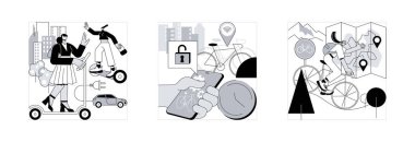 Şehir ulaşımı soyut konsept vektör çizimi seti. Kişisel elektrik taşımacılığı, bisiklet paylaşımı, bisiklet yolları ağı, scooter kiralama uygulaması, online kitap yolculuğu, şehir haritası soyut metaforu.