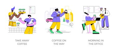 Sabah kahvesi izole edilmiş çizgi film vektör çizimleri. Barista müşteriye servis kupası veriyor, yolda kahve içiyor, küçük işletme, ofis vektör karikatüründe ayrılan mutlu iş arkadaşları..