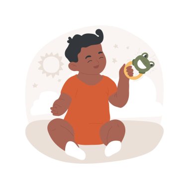 İzole edilmiş çizgi film çizimleri. Parlak çıngıraklı bebek, mutlu çocukluk, erken öğrenme, zihin zorluğu, zihinsel gelişim, eğlence aktivite vektörü çizgi filmi.