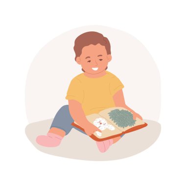 Bebek kitabı karikatür vektör illüstrasyonunu izole etti. Gülümseyen bebek bir kitapla oynuyor, dokulara dokunuyor, mutlu çocukluk, erken öğrenme, zihin zorluğu, zihinsel gelişim vektörü çizgi filmi.