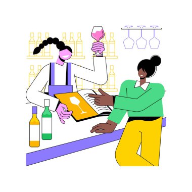 Şarap listesi izole edilmiş karikatür vektör çizimleri. Şarap listesinden içecek seçen genç bir kadın, garsonla iletişim, şarap garsonu tavsiyesi, kırmızı beyaz şarap, vektör karikatürü..