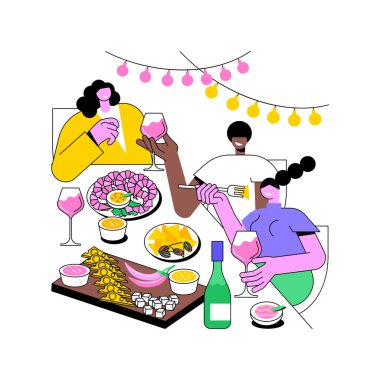 Tapas ve aperatifler izole edilmiş çizgi film vektör çizimleri. Bir grup gülümseyen insan birlikte şarap içiyor, bardakları tokuşturuyor, masada atıştırıyor, arkadaşlarıyla vakit geçiriyor..