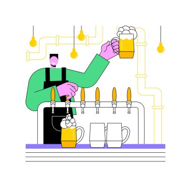 Taslak bira karikatür vektör çizimleri. Gülümseyen barmen elinde köpüklü bira bardağı, barda alkol içeceği, ferahlatıcı içecek, küçük bira fabrikası çizgi filmi,.