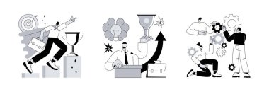 İş büyümesi soyut konsept vektör çizimi seti. Hedefler, motivasyon ve işbirliği, başarı ve koçluk, girişim işbirliği, iş toplantısı, zekice planlanmış soyut metafor.