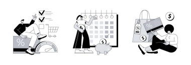 Satış büyüme stratejisi soyut konsept vektör çizimi seti. Tüketici motivasyonu, erken ödeme indirimi, iade programı, müşteri sadakati, satış faturası, indirim kuponu soyut metaforu.