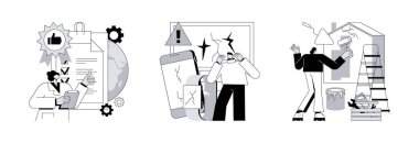 Ürün kalitesi soyut konsept vektör çizimi seti. Yüksek kalite işareti, hatalı ürün, DIY onarımı, ISO sertifikası, bozuk teçhizat, tamir kılavuzu, video özgün metafor.