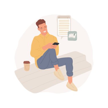 Uygulama okunuyor, karikatür vektör çizimi. Akıllı telefon ekranına bakan ve online kitap okuyan rahat adam, insan yaşam tarzı, kendini geliştirme vektör karikatürü için boş zaman.