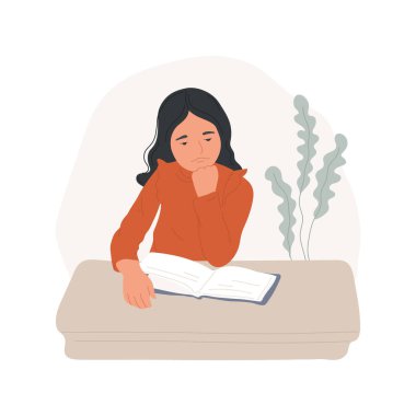 Sıkıntı karikatür vektör illüstrasyonunu izole etti. Sıkılmış kızın stresi, depresyonu, hayal kırıklığına uğramış hali, çocuk psikolojisi, sosyo-duygusal gelişimi, tükenmiş ruh hali çizgi filmi.