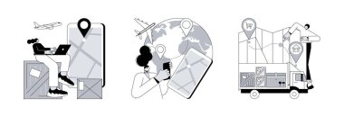 Paket sevkiyatı soyut konsept vektör çizimi seti. Posta servisi takibi, akıllı ekspres dağıtım, online alışveriş, posta kutusu, dağıtım noktası, uygulama yazılımı, kurye soyut metaforu.