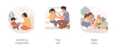 Child injury treatment isolated cartoon vector illustration set. Parent comfort crying child, home first aid, puts bandage, treating childs wound, slight injury, patch on elbow vector cartoon.