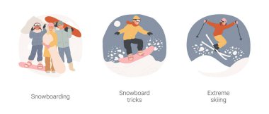 Kış ekstrem sporları karikatür vektör çizimi seti. Snowboard sporu, ekipman taşıyan gençler, snowboard numaraları, kayak yapmayı seven gençler, dublör karikatürü yapan gençler..