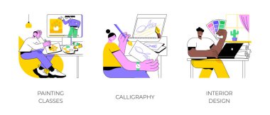 Yaratıcılık gelişimi karikatür vektör çizimleri ayarlandı. Resim dersleri, kaligrafi ve harfler, iç tasarım çevrimiçi dersler, el yapımı ana sınıf, yaratıcı vektör karikatürü..