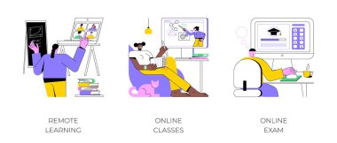 Uzaklık eğitim süreci izole edilmiş çizgi film vektör çizimleri ayarlandı. Uzaktan öğrenme, çevrimiçi dersler, sınav formu, modern öğrenci hayatı, pandemik vektör karikatürü sırasında eğitim süreci.