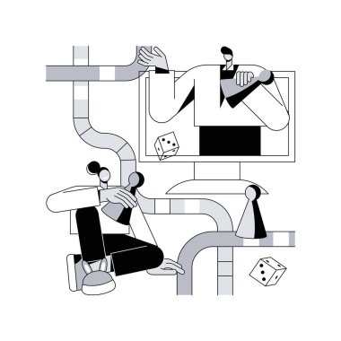 Çevrimiçi oyun konsepti soyut vektör çizimi. İnternet eğlencesi, dizüstü bilgisayar oyunu, oyun stratejisi oyunu, aile eğlence zamanı, karantina eğlencesi, soyut metafor.