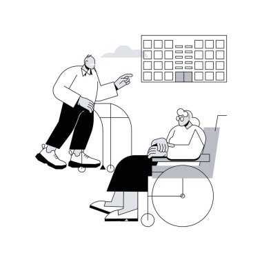 Yaşlılar için topluluklar soyut konsept vektör çizimi. Yaşlılar konutları, emekliler topluluğu, paylaşılan hizmetler, sağlık ve refah faaliyetleri, bakımsız soyut metafor.