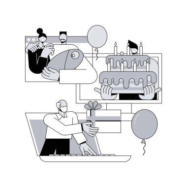 Çevrimiçi aile partisi soyut konsept vektör çizimi. Sanal ev partisi, aileler ve çocuklar, zoom 'da mutlu aile toplantısı, web video görüşmesi, uzaktan iletişim, tatil soyut metaforu.