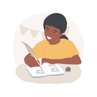 Poetry isolated cartoon vector illustration. Young girl enjoying writing and reading creative poetry, love to literature, book manuscript, ink feather usage, hands-on activity vector cartoon.