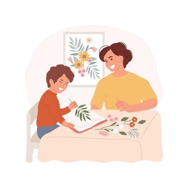 Flower Pressing Isolated Cartoon Vector Illustration Happy Family Doing Herbarium — Image vectorielle