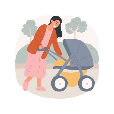 Walking with baby isolated cartoon vector illustration. Young mom walking with a stroller, having walk with little kid together, family lifestyle, physical activity vector cartoon.