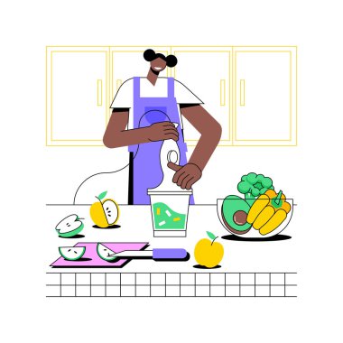 Vejetaryen yemekleri izole edilmiş çizgi film çizimleri. Vejetaryen sporcu kız mutfakta yemek pişiriyor, ev yapımı yemekler, sağlıklı besleniyor, sebze salatası hazırlıyor, organik vitamin vektör karikatürü çiziyor..