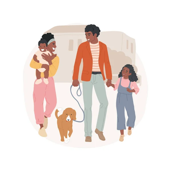 家族は孤立した漫画のベクトルイラストを歩く 子供と犬が一緒に歩くと幸せな両親 家族のライフスタイル 信頼関係 物理的な活動屋外ベクトル漫画 — ストックベクタ