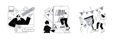 Görsel kimlik soyut konsept vektör çizimi seti. Marka iletişim kılavuzu, kurumsal edebiyat, marka rekabeti, medya kampanyası, dijital reklam, gazete soyut metaforu.