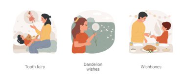 İzole edilmiş çizgi film vektör çizimleri yapmak. Diş perisi inancı ziyaret eder, efsaneyi çocuğa anlatır, karahindiba, lades kemiği geleneğini es geçer, elinde çatallı kemik vektörü karikatürü tutan çocuk ve baba.