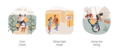 Aile açık hava eğlence aktiviteleri karikatür vektör çizimi seti. Ebeveynler ve çocuklar bir mısır labirentinde yürür, saman balyalarıyla yapılmış labirent, diy at tekerleği salıncak çizgi filmindeki çocuk.