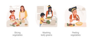 Preparing food with kids isolated cartoon vector illustration set. Slicing vegetables, kid learn to hold knife, washing leafy greens, peeling vegetables, child using peeler vector cartoon.