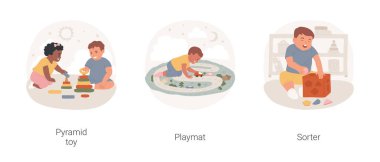 Infant games isolated cartoon vector illustration set. Baby playing with educational pyramid toys, happy infant lying on playmat, sorter brain toy, child mental development vector cartoon.