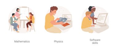 Hobbies and interests isolated cartoon vector illustration set. Mathematics as a hobby, reading about quantum physics, software skills development, coding for fun vector cartoon.