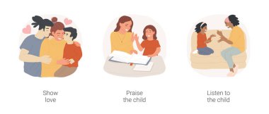 Express positive emotions isolated cartoon vector illustration set. Show love to family members, hugging and kissing, praise the child, high five, listen to your kid, share emotion vector cartoon.