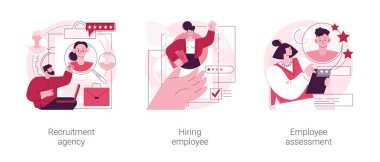 İnsan kaynakları soyut konsept vektör çizimi seti. İşe alım ajansı, işe alım çalışanı değerlendirmesi, iş listesi, kafa arama, performans değerlendirmesi, SWOT analizi, soyut metafor.