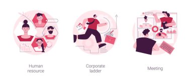 Kelle avcısı hizmeti soyut konsept vektör çizimi seti. İnsan kaynakları, şirket merdiveni, toplantı odası, iş listeleme sitesi, istihdam hiyerarşisi, kariyer merdiveni, sözleşme soyut metaforu.