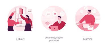 Öğrenme kursları soyut konsept vektör illüstrasyon seti. E-kütüphane, çevrimiçi eğitim platformu, öğrenim, kitap okuyucu, laptop ekranında webcam konferansı, çalışma becerileri soyut metaforu.