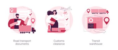 Uluslararası ulaşım soyut konsept vektör çizimi seti. Yol taşıma belgeleri, gümrük izni, ulaşım deposu, nakliye terminali, ithalat ve ihracat, CMR soyut metaforu.