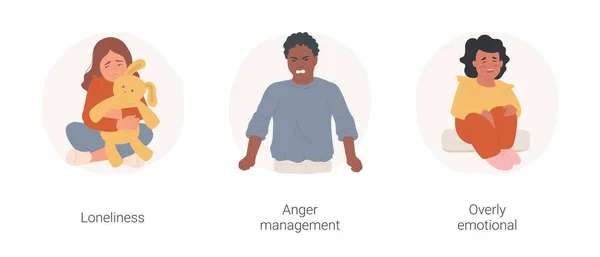 Difficoltà Con Emozioni Isolato Serie Illustrazione Vettoriale Cartone Animato Ragazzo — Vettoriale Stock