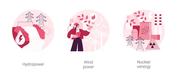Набор Абстрактных Векторных Иллюстраций Устойчивых Источников Энергии Гидроэнергетика Энергия Ветра — стоковый вектор