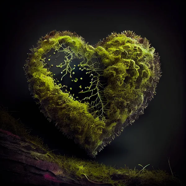 Green heart made of moss isolated on black background. Natural forest plants in the shape of heart artistic illustration. Decorative botanical poster.