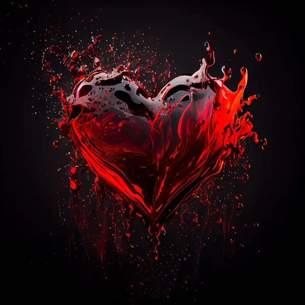 Red wine splashes heart isolated on black background. Love and passion symbolic artistic illustration. Decorative red liquid splashes valentine heart poster.